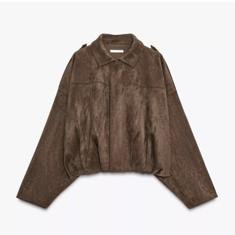 Zara Faux Suede Bomber Jacket Dark Brown Oversized Boxy S Slouchy Balloon Hem